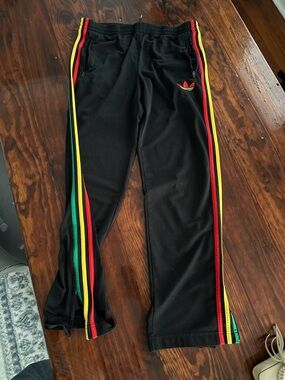 Adidas Black Track Pants with Red, Yellow & Green Stripes